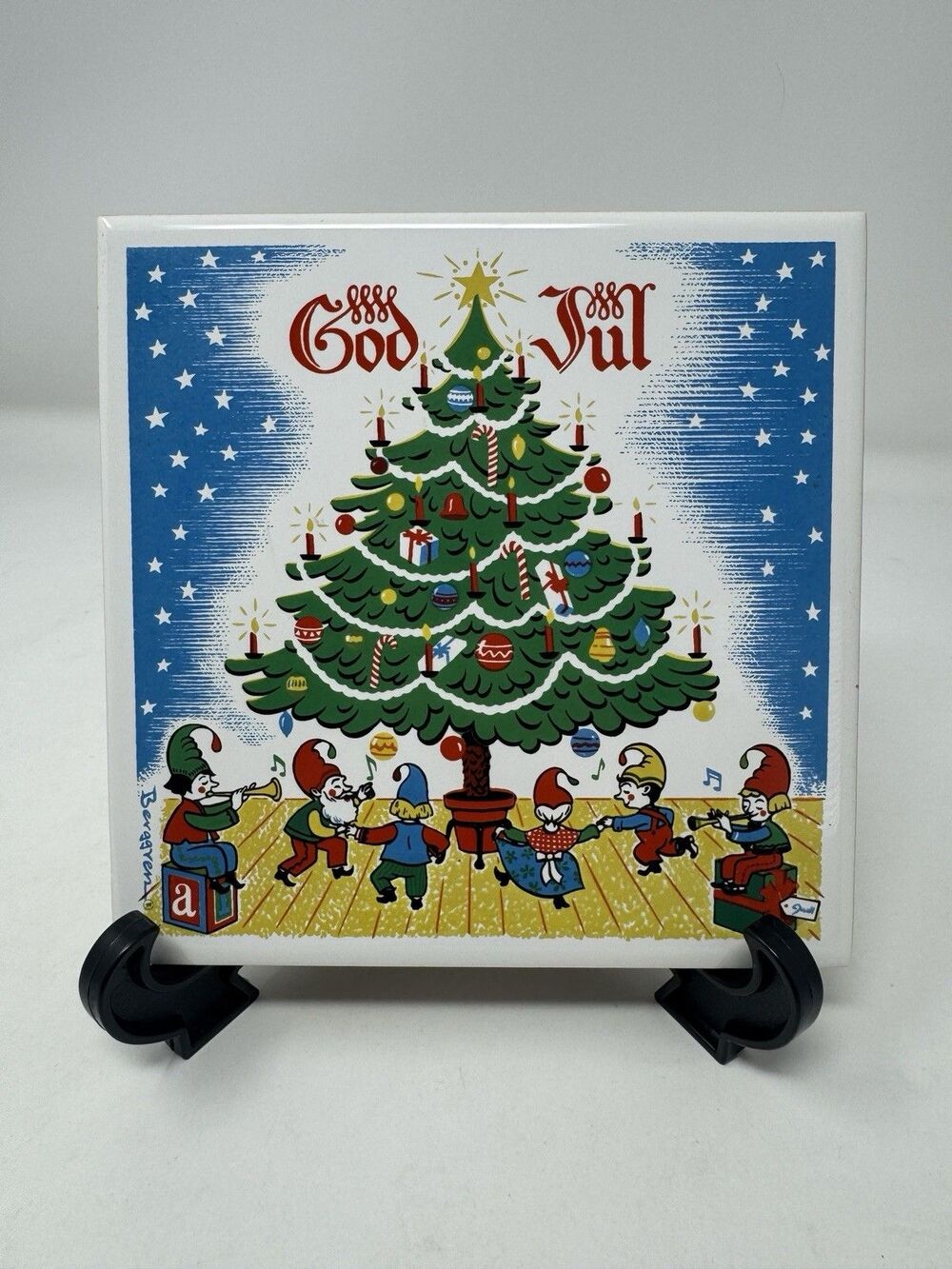 Swedish Berggren Tile Trivet God Jul 1965 Folk Art Decor Elves Vintage Christmas